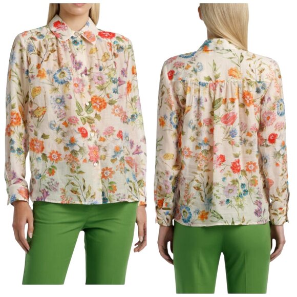 Summertime Portofino Floral Silk Cotton Button Up Blouse Large - Picture 1 of 6